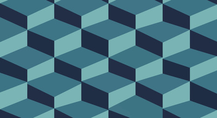 A seamless geometric pattern of isometric cubes in shades of blue and teal creating a 3D optical illusion.