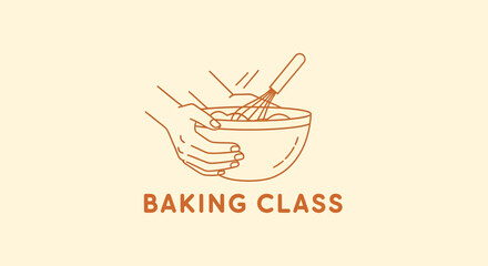A minimalist line art logo for a baking class, showing hands whisking ingredients in a bowl.