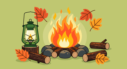 A cozy outdoor campfire scene with burning logs, surrounding stones, a vintage green lantern, and falling autumn leaves on a light green background.