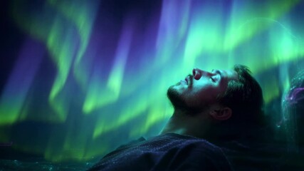 Serene man with his eyes closed, dissolving into particles of light and energy against a beautiful backdrop of purple and green northern lights, symbolizing spiritual awakening and tranquility