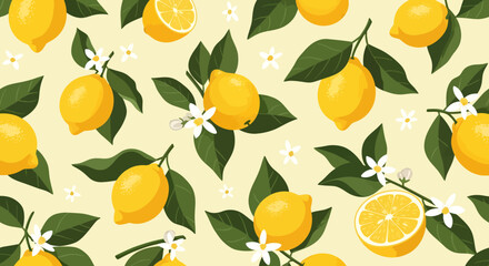 Seamless pattern with lemons, leaves and flowers on a light background.