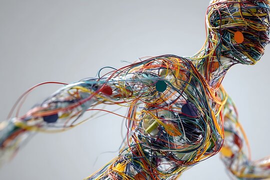 A human form made of colorful wires and threads, symbolizing complexity, connectivity, and digital anatomy. - Powered by Adobe