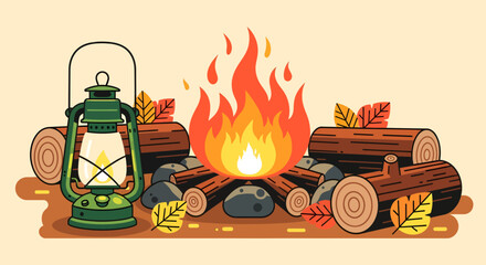 An illustration of a cozy campfire scene with burning logs, rocks, autumn leaves, and a vintage green lantern on a warm background.