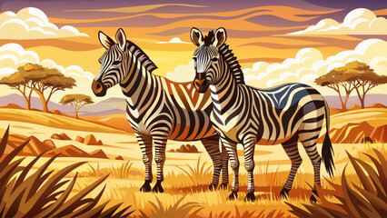 Obraz premium Vector of male and female zebras standing together on dry African plain, soft sunlight, golden grass, calm wild nature, realistic details and harmony