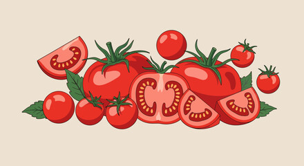 A collection of fresh red tomatoes, both whole and sliced, with green leaves on a light background.