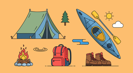Camping and outdoor adventure illustration with tent, kayak, campfire, backpack, boots, tree, sun, and cloud on a yellow background.