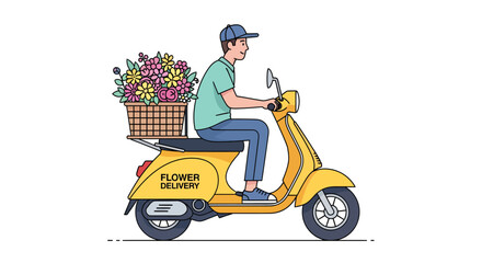 A person on a yellow scooter delivering a basket of colorful flowers.