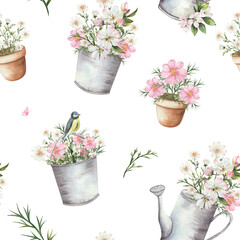 Seamless watercolor pattern with pink and white garden flowers in metal buckets, clay pots, watering cans. Apple blossom, chamomile. Spring floral design with small bird, butterfly. White background.