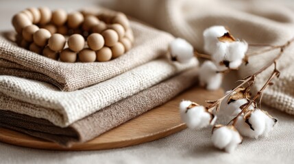Cotton branches and towels on neutral surface for textile product branding and eco home decor photography visual advertisement styling concept