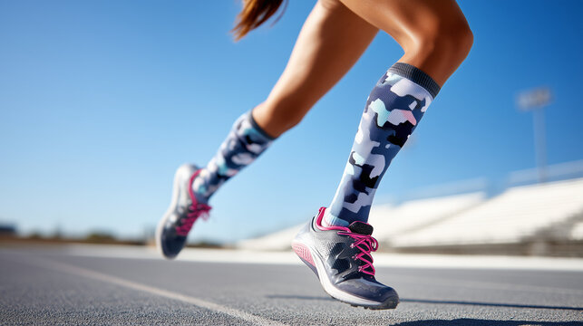 A female runner's legs in patterned compression socks on an outdoor track. Close-up of an athlete training for a marathon. Fitness and sport concept with copy space