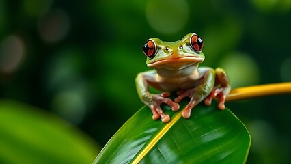 Fototapeta premium Tree frog perched on tropical leaf, wildlife in natural habitat.