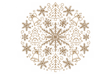 Golden christmas mandala ornament featuring intricate snowflakes, bells, and fir trees pattern, transparent background
