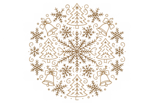 Golden christmas mandala ornament featuring intricate snowflakes, bells, and fir trees pattern, transparent background