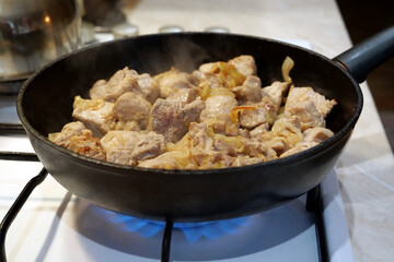 Pieces of meat with onion in frying pan on gas stove