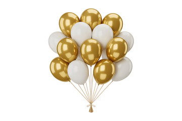 A cluster of lustrous gold and white balloons floats, symbolizing celebration and joyful festivities.