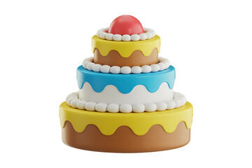 Colorful tiered cake with decorative frosting and a vibrant red cherry on top.