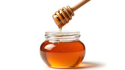 Golden honey drips from a wooden dipper into a glass jar, showcasing natural sweetness.