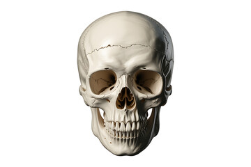 Detailed human skull, bone structure visible, stark white against a plain background, anatomical study.