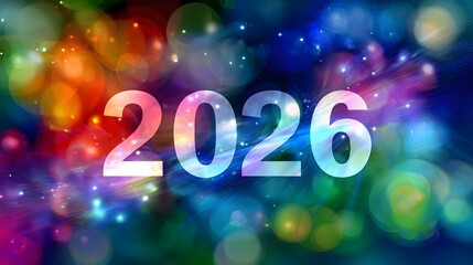 Happy New Year 2026 text on bokeh background. Greeting card.