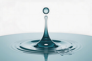 A single droplet of water suspended mid-air, creating ripples in the blue liquid below.
