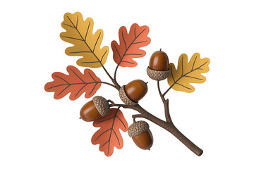 Autumn foliage branch with vibrant orange, red, and yellow leaves, accented by brown acorns.