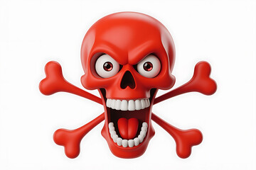 Vibrant red skull with crossbones, expressing a comical, fierce, and slightly menacing expression.