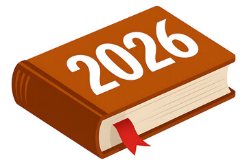 A closed book displaying the year 2026 on its cover, symbolizing future events and recorded history.