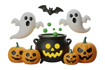 Spooky Halloween scene with ghosts, pumpkins, and a bubbling cauldron, festive and playful.