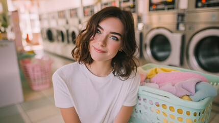 happy woman in white shirt posing in laundromat with pastel laundry basket, warm daylight, metallic washing machines background, light and airy photo, candid smile, cozy everyday m