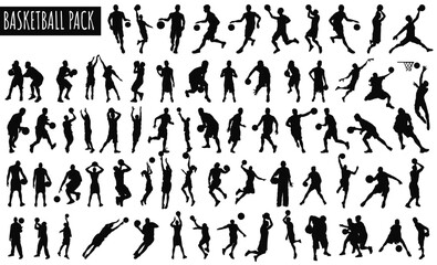 Basketball Silhouette Pack: Collection of silhouetted figures engaged in various basketball actions, conveying the dynamic energy and athletic prowess associated with the sport. 