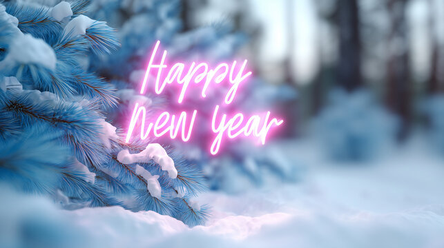 glowing pink neon sign reading happy new year 2026 in snowy winter setting, surrounded by fir branches, soft blue light reflections, festive cozy winter night, modern holiday conce