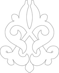 Symmetrical vertical ornamental motif resembling a stylized fleur-de-lis or damask pattern with bold, flowing acanthus scrolls and interlocked lines. Elegant decorative element.