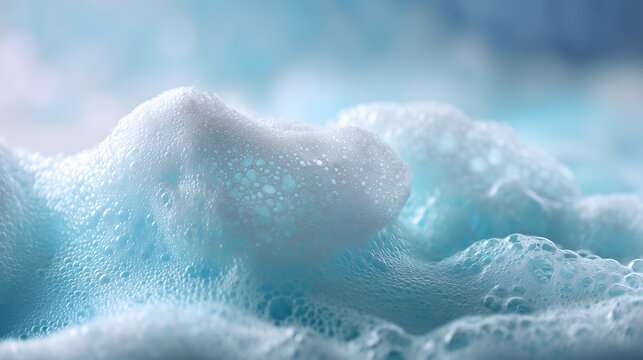close-up of white foam and soap bubbles on blue water, clean texture background, minimal and fresh concept, airy and light aesthetic, gentle pastel tones, laundry or cleaning theme