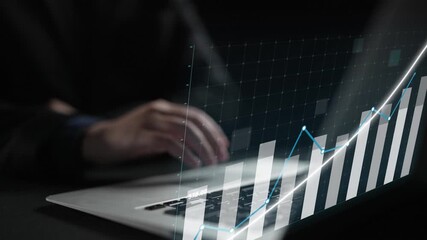 A business professional focuses on financial data displayed on a laptop, with dynamic graphs illustrating growth metrics, perfect for illustrating data analysis concepts. Copula - Powered by Adobe
