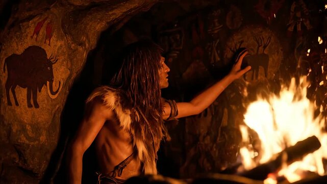 Woman by firelight in cave with ancient drawings