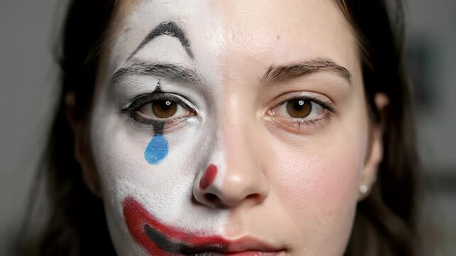 Womans face split with clown makeup half and natural look
