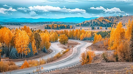 Winding road through vibrant autumn forest with expansive views under a cloudy sky