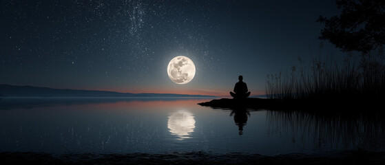 Silhouette of a man meditating by a calm lake under a full moon at night