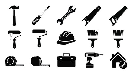 Collection of various black silhouette tools for construction and home repair