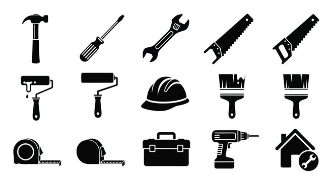 Collection of various black silhouette tools for construction and home repair