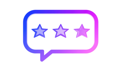 Neon style speech bubble with three stylized stars. Glowing border transitions from violet to blue. Black background