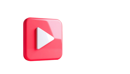 A 3D red square with rounded edges houses a white play button, against a stark black backdrop