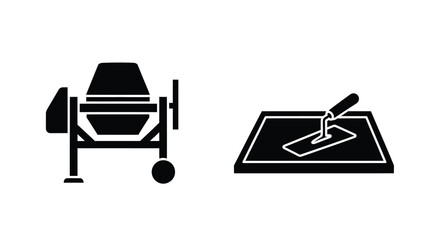 Simple black and white icons of a cement mixer and tiling tool
