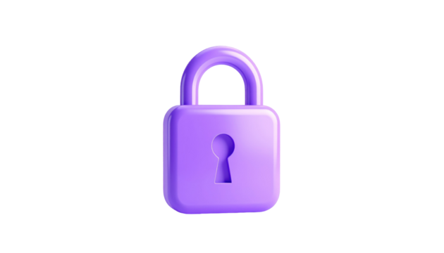 A glossy, light purple padlock icon in a 3D rendering against a dark black background, emphasizing security
