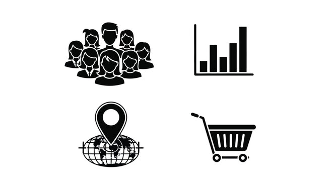 Business icons depicting teamwork marketing global reach and shopping