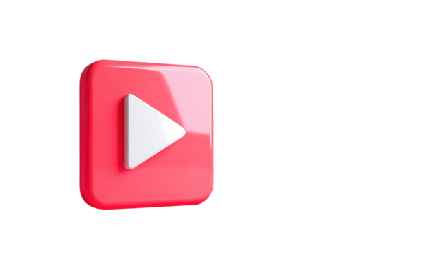 A 3D red square with rounded edges houses a white play button, against a stark black backdrop
