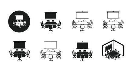 Meeting room icons depicting conference tables and presentation setups