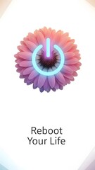 A beautiful flower in vibrant shades of pink and purple forms the backdrop for a glowing power symbol, symbolizing an invitation to start fresh and embrace change