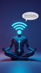 A serene figure sits cross-legged, meditating with a glowing outline of the body and energy flow. Signals above indicate a connection to technology and inner peace through mindfulness