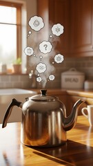 A shiny kettle sits on a wooden table, surrounded by a warm kitchen atmosphere. Steam rises, intertwining with whimsical illustrations of flowers and curiosity, inspiring creative thoughts